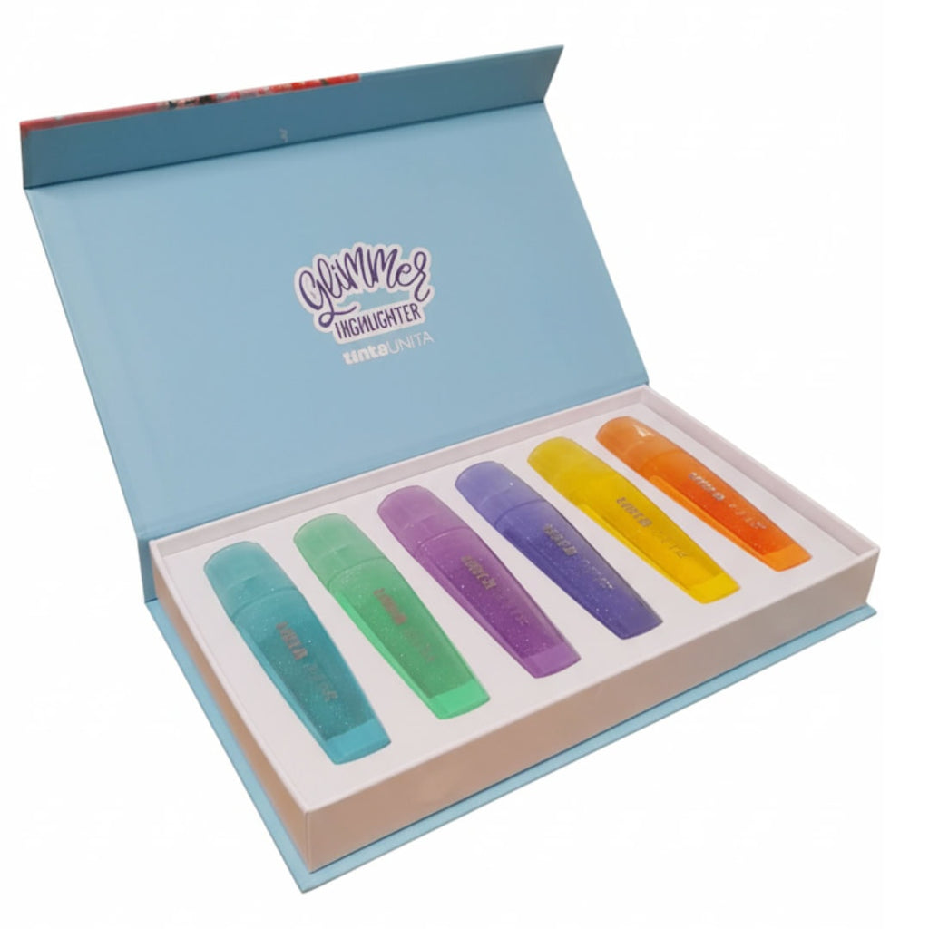 Tinta Unita Set di Evidenziatori Glimmer Fluo e Pastello Glitterati, Cassettiera Magnetica in Cartoncino Luxury, 48x15x3 cm