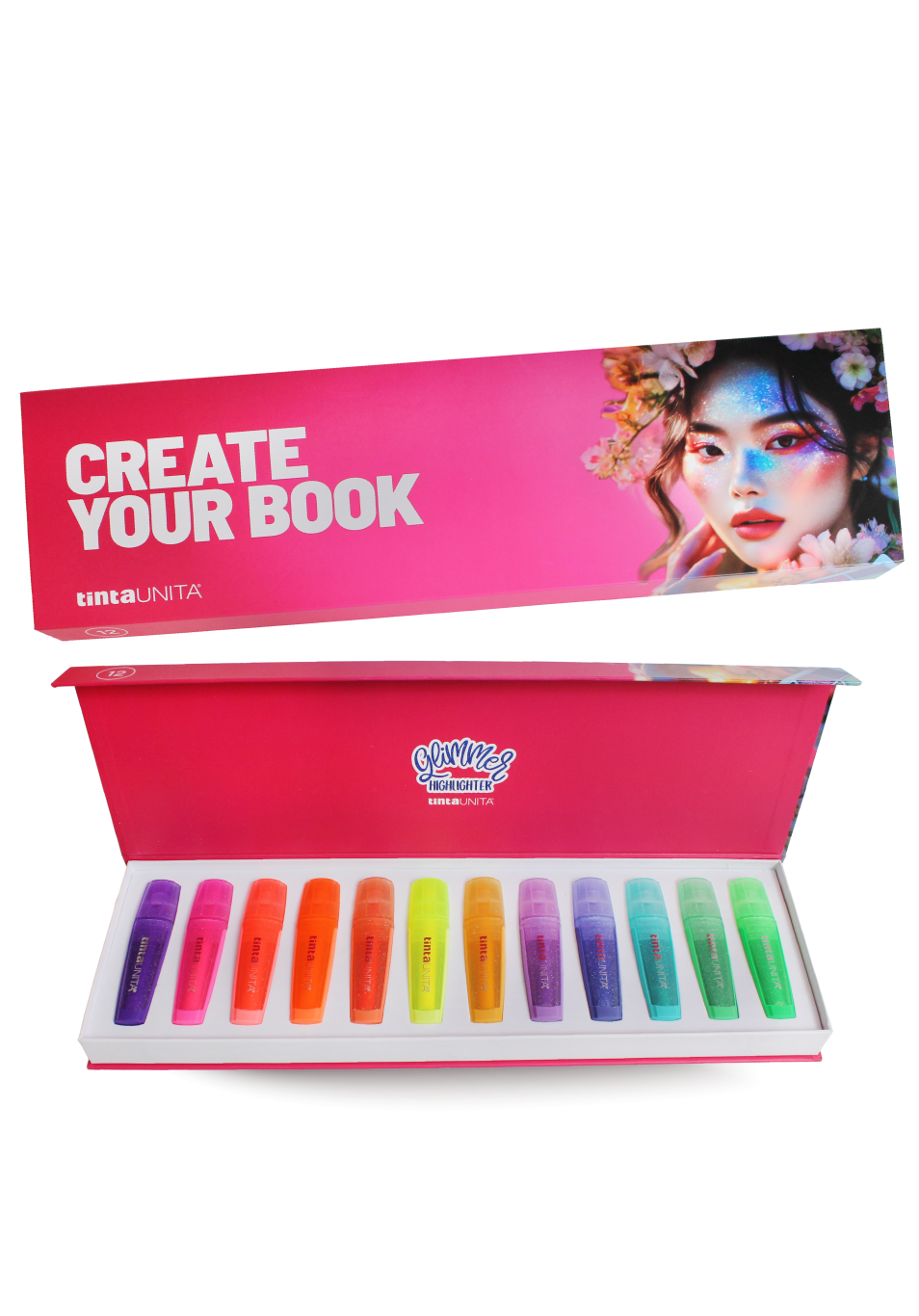 Tinta Unita Set di Evidenziatori Glimmer Fluo e Pastello Glitterati, Cassettiera Magnetica in Cartoncino Luxury, 48x15x3 cm